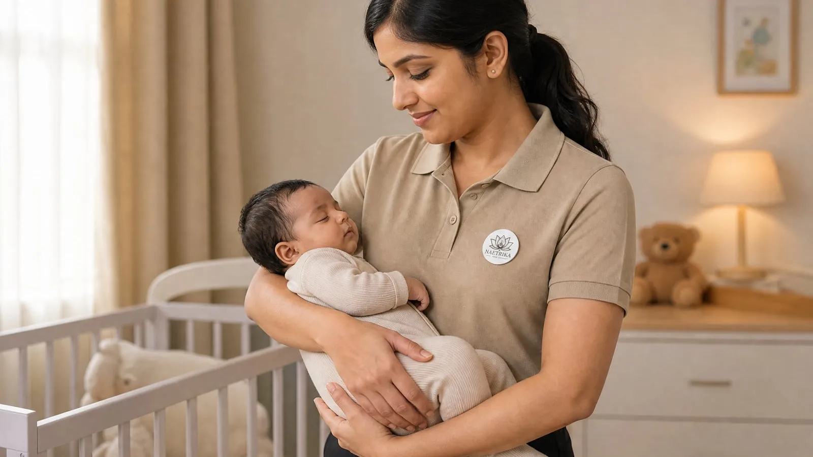 A Naetrika attendant holding a sleeping newborn in the nursery