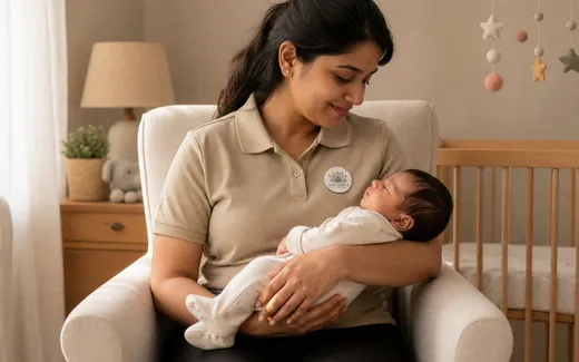 A Naetrika Japa attendant cradling a sleeping newborn in the nursery